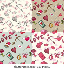 Valentine's day,wedding,love,romantic decor elements in seamless pattern set.Cute Doodle hand drawing decor set.Colored cartoon vector.For fabrics,Wallpaper  background,wrapping paper,backdrop.