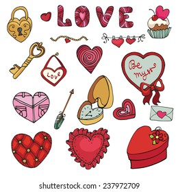 Valentine's day,wedding,love,romantic decor elements.Differend hearts collection.Cute Doodle hand drawing decor set.Colored cartoon vector.