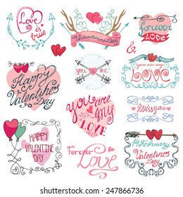 Valentine`s day,wedding,love,romantic elements calligraphy collection.Labels,emblems,frame,arrows,hearts,headline.Cute Doodle hand drawing decor set.Vintage vector,retro