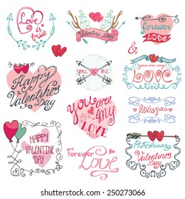 Valentine`s day,wedding,love,romantic elements calligraphy collection.Labels,emblems,frame,arrows,hearts,headline.Cute Doodle hand drawing decor set.Vintage vector,retro