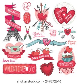 Valentine`s day,wedding,love,romantic elements collection.Labels,badges,emblems,ribbon,hearts Eiffel tower,arrows,headline.Cute Doodle hand drawing decor set.Vintage vector,retro