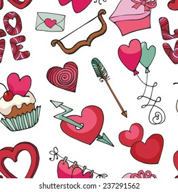 Valentine's day,wedding,love,romantic hearts ,arrow in seamless pattern.Cute Doodle hand drawing decor set.Colored cartoon vector.For fabrics,Wallpaper,background,wrapping paper,backdrop.
