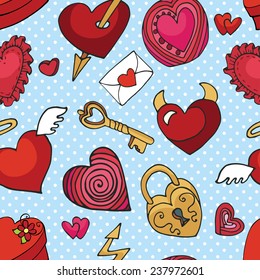 Valentine's day,wedding,love,romantic hearts decor elements in seamless pattern.Cute Doodle hand drawing decor set.Colored cartoon vector.For fabrics, Wallpaper,background,wrapping paper,backdrop.