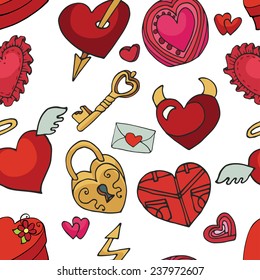 Valentine's day,wedding,love,romantic hearts decor elements in seamless pattern.Cute Doodle hand drawing decor set.Colored cartoon vector.For fabrics, Wallpaper,background,wrapping paper,backdrop.