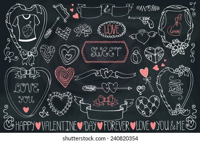 Valentine's day,wedding,love,romantic  icons,ribbon,hearts,swirl,badges,frame decor elements collection.Cute Doodle hand drawing decor set.Vintage vector in outline.Chalkboard sketchy.Retro style