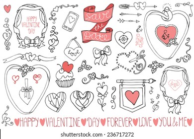 Valentine's day,wedding,love,romantic , icons,ribbon,hearts,swirl,frame elements collection.Cute Doodle hand drawing decor set.Vintage vector in outline.Retro style