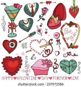 Valentine's day,wedding,love,romantic,ribbon,hearts,swirl,frame elements collection.Cute Doodle hand drawing decor set.Vintage vector in outline.Retro style
