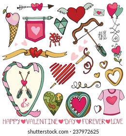 Valentine's day,wedding,love,romantic,ribbon,hearts,swirl,frame elements collection.Cute Doodle hand drawing decor set.Vintage vector in outline.Retro style