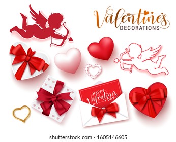 Valentines decorations vector set. Valentine day decoration of cupid, gifts, letter, and hearts element for valentine collection isolated in white background. Vector illustration.