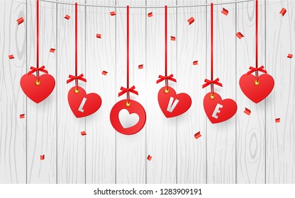 Valentine's decorative hearts hanging on white wooden background, Vector illustration