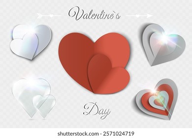 Valentine's design with layered hearts in red and white, glowing light effects, and elegant text on transparent background.