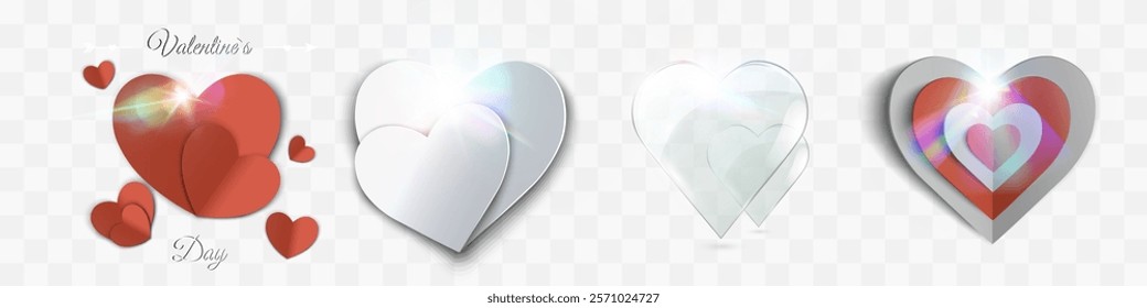 Valentine's design with layered hearts in red and white, glowing light effects, and elegant text on transparent background.