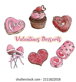 Valentines Desserts Elements, Watercolor Style 