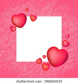 Valentine's digital card vector, grunge pink background, magenta heart  vector, empty frame vector, bright and festive with space for text. Instagram post, linkedin post, facebook post, hand drawn