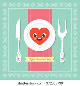 Valentine's dinner / Red hearts on a plate, knife and fork which is represent I love You. 