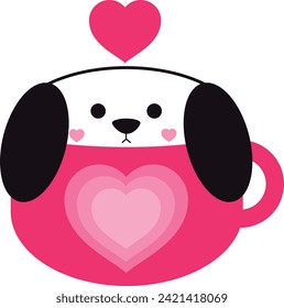 Perro de San Valentín en la ilustración de la taza de café de corazón,
El arte del café canino, reconfortante,
Concepto romántico de perro y café