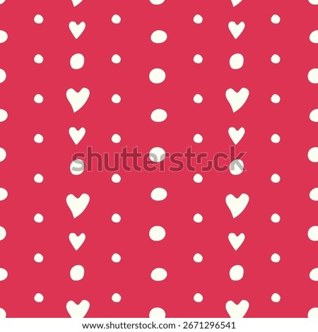 Valentine's Doodle Hand-Drawn Seamless Pattern, hearts and dots in vibrant pink make it perfect for Valentine's, vector.