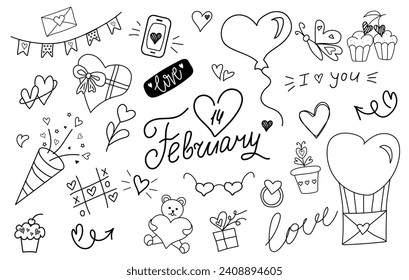 Valentines doodle icons with handwritten lettering 14 February. Hand drawn elements. Line art. Romantic, love concept. 