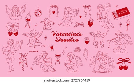 Valentines rabisca set. Arte de linha desenhada à mão vermelha com cupidos de anjo coquette.