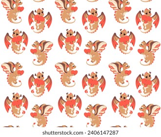 Valentines Dragon Seamless Pattern with a cup of cappuccino and heart on white background. Vector illustration in flat cartoon style. Nursery print for kids apparel, fabric, wrapping paper, wallpaper