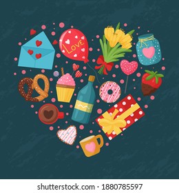 Valentine's elements arranged in the heart-shape. Modern design for greeting card, postcard,  invitation, event. Valentine's Day concept. Vector illustration. 