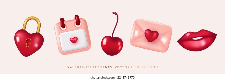 Valentine's elements collection. Lock, calendar, sweet cherry, envelope, lips. Vector illustration in 3d realistic style