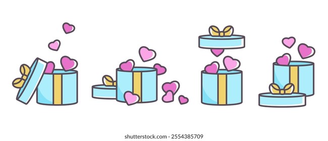 Valentines elements. Gifts icons. Set of gift boxes with open and closed lids . Cartoon Doodle Valentine symbols. Simple outline presents signs with pink hearts and ribbon. Vector cartoon illustration