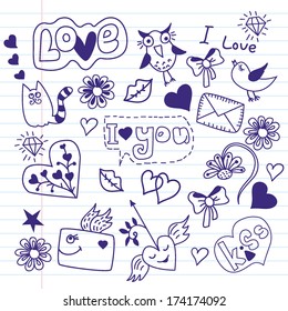 Valentine's elements. Sketchy Notebook Doodles.