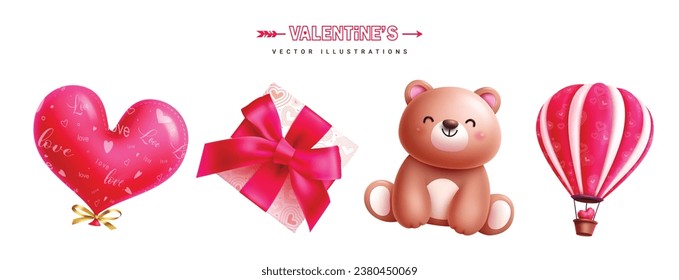 Valentine's elements vector set design. Valentine's day love sign elements like heart  balloon, gift box, teddy bear, hot air balloon decoration  for febrauary celebration. Vector illustration love 