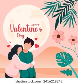 Valentine's Embrace: Couple's Kiss Under the Full Moon with Anemones, Poppies, and Plum Blossoms. Happy Valentine's Day Scribed, Capturing Love's Splendor in Nature's Tapestry