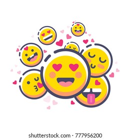 Valentines emoticons in love. Cute smile emoji icons. Isolated vector illustration on white background