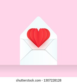 Valentine's Envelope with Heart Paper Cut Style. Vector Illustration. Realistic Mail or Letter for Mother's and Women's Day Greetings. - Vector