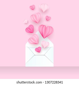 Valentine's Envelope with Hearts Paper Cut Style. Vector Illustration. Realistic Mail or Letter for Mother's and Women's Day Greetings. - Vector