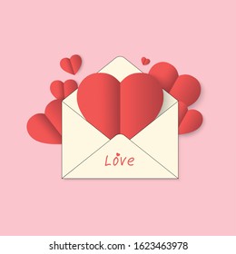 Valentines Envelope with Paper Hearts.  Vector Illustration. Happy Valentine Day. valentine's day greeting letter.