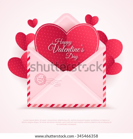 Valentines Envelope with Paper Hearts. Vector Illustration. Realistic Mail or Letter for Mother's and Women's Day Greetings