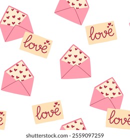 Valentines envelopes seamless pattern. Valentines day mail. Simple opened and closed envelopes, decorated with hearts. Holiday background for wrapping, textile. Hand draw vector illustration