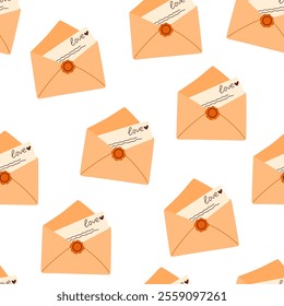 Valentines envelopes seamless pattern. Valentines day mail. Simple opened and closed envelopes, decorated with hearts. Holiday background for wrapping, textile. Hand draw vector illustration