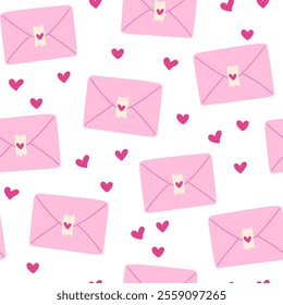 Valentines envelopes seamless pattern. Valentines day mail. Simple opened and closed envelopes, decorated with hearts. Holiday background for wrapping, textile. Hand draw vector illustration