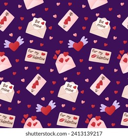 Valentines envelopes seamless pattern with hearts, greeting cards and lettering. St Valentines day concept pattern on purple background. Trendy print design for textile, wallpaper, wrapping