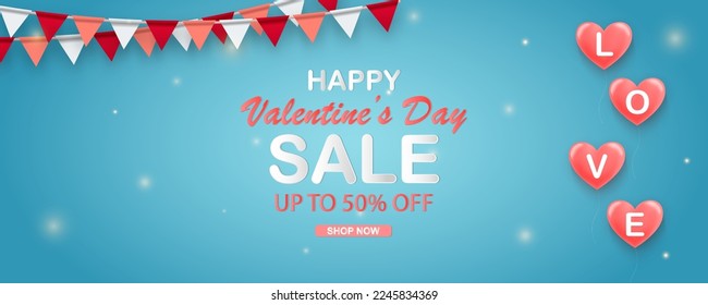 Valentine's Flags Garlands with 3d pink heart on blue background. Symbol the color Valentine's. Valentine's background with party flags. Vector illustration. Vector illustration EPS 10