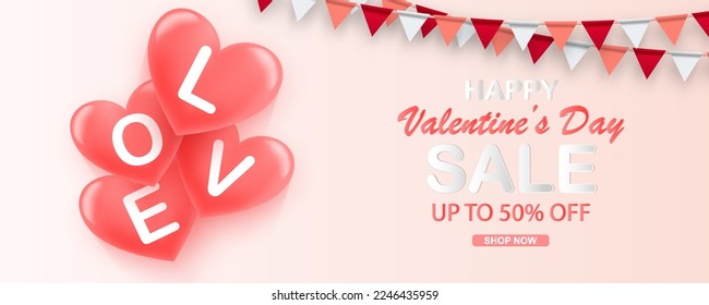 Valentine's Flags Garlands with 3d pink heart on blue background. Symbol the color Valentine's. Valentine's background with party flags. Vector illustration. Vector illustration EPS 10