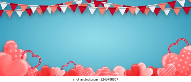 Valentine's Flags Garlands with 3d pink heart on blue background. Symbol the color Valentine's. Valentine's background with party flags. Vector illustration. Vector illustration EPS 10