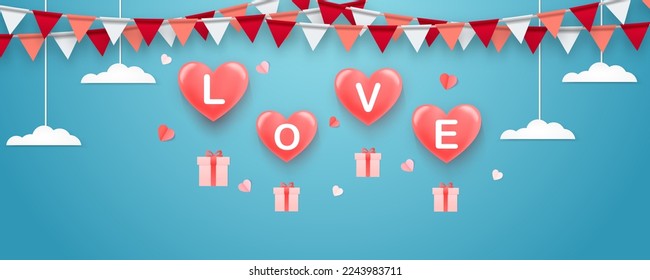 Valentine's Flags Garlands with balloons 3d pink heart on pink background. Symbol the color Valentine's. Valentine's background with party flags. Vector illustration. Vector illustration EPS 10