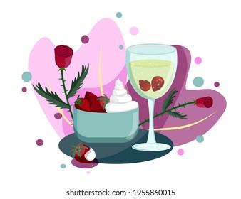 Valentine's flat art composition of strawberries and cream dessert in a bowl with glass of wine or prosecco and roses. All with the background of pink hearts.
