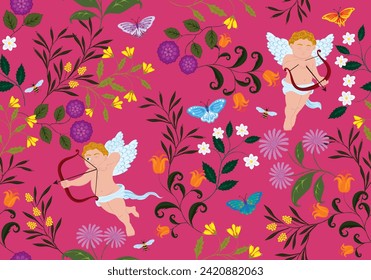 Valentines floral background with cupids, butterflies and bees