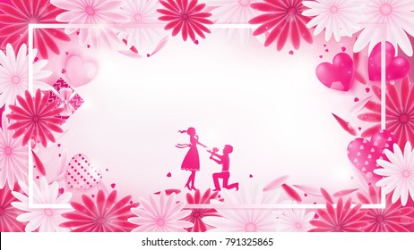 Valentines floral border contains pearl pink hearts ,pink hearts ,white border , petal and heart glitter beside border, a couple having love in middle, artwork leave some free space 