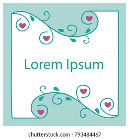 valentines floral frame, turquoise swirls with purple hearts inside