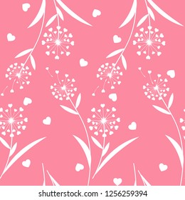 Valentines floral seamless pattern with dandelion flowers with heart shaped feather and tiny white hearts on pink background. Design Valentine's day concept. Vector illustration.