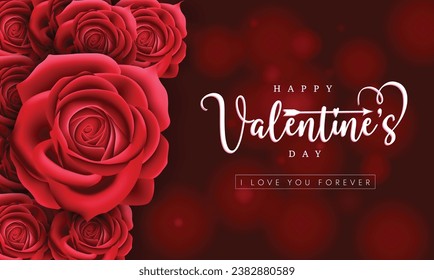 Valentine's flower rose vector design. Happy valentine's day greeting text with red roses fresh blooming flowers decoration elements. Vector illustration heart's day invitation card.
