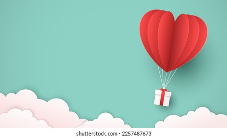 Valentine's flying balloon hearts with gift box postcard in the clouds. Creative vector design for Women's, Mother's, Valentine's Day and Birthday greeting card template
